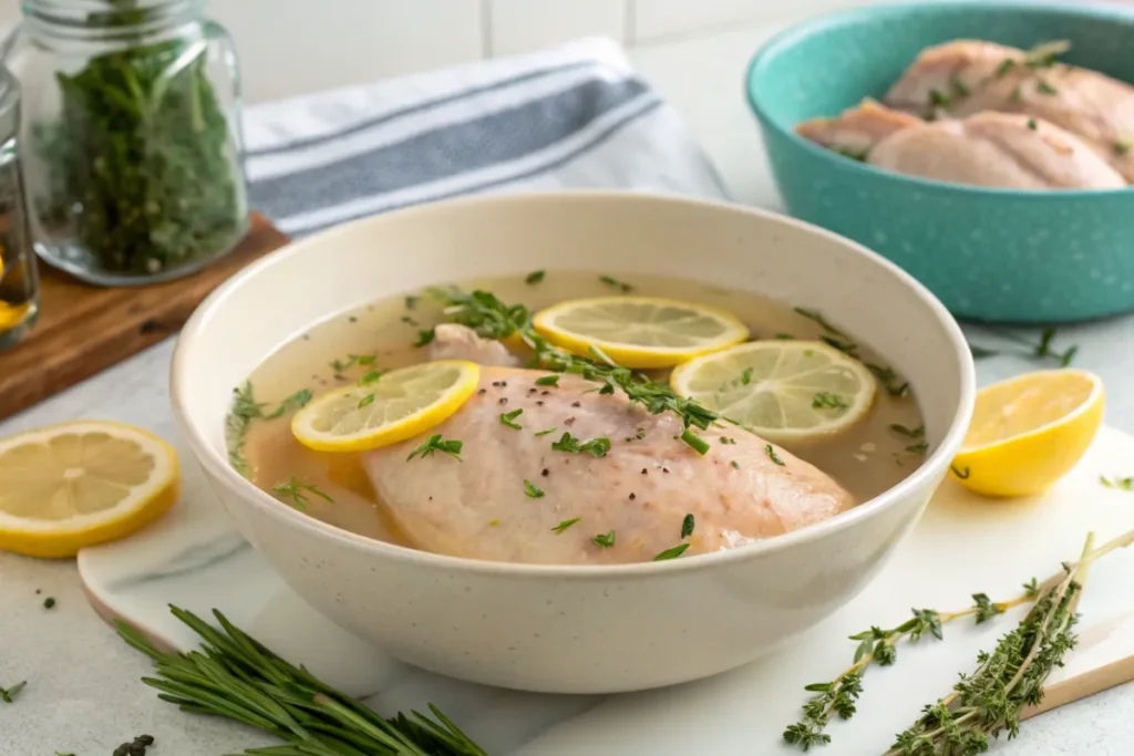  Chicken being brined in a saltwater solution with herbs and lemon slices.