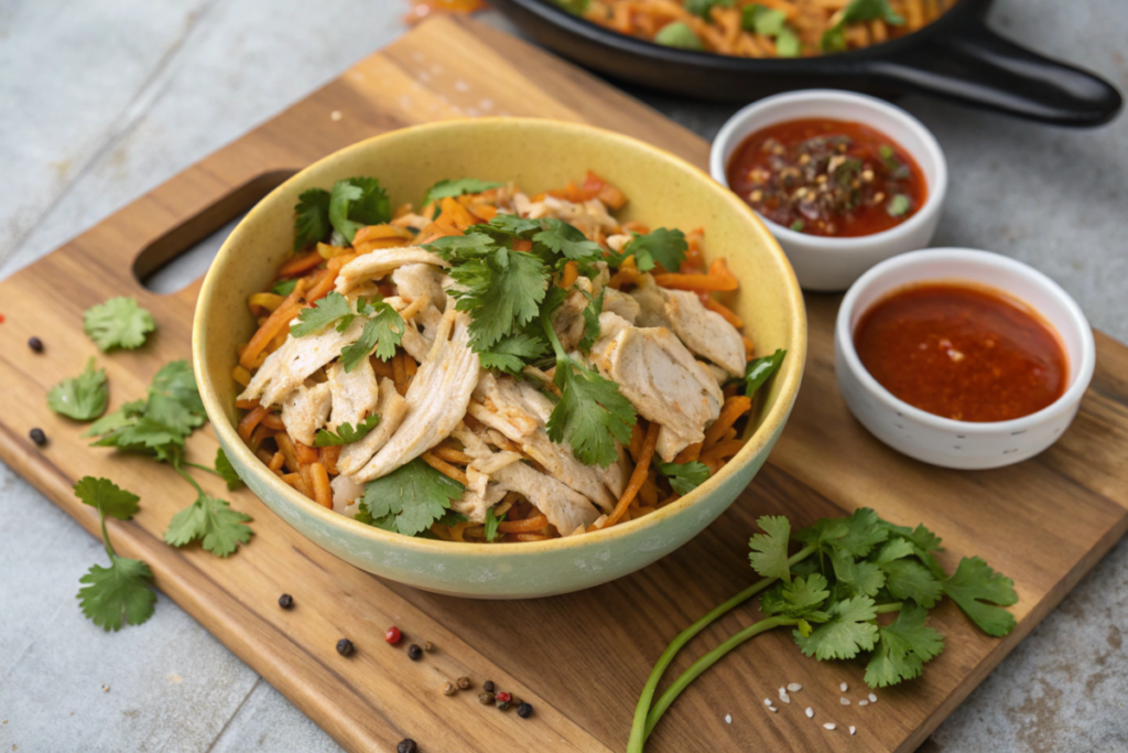 Shredded chicken cooked in an Instant Pot served with fresh cilantro.