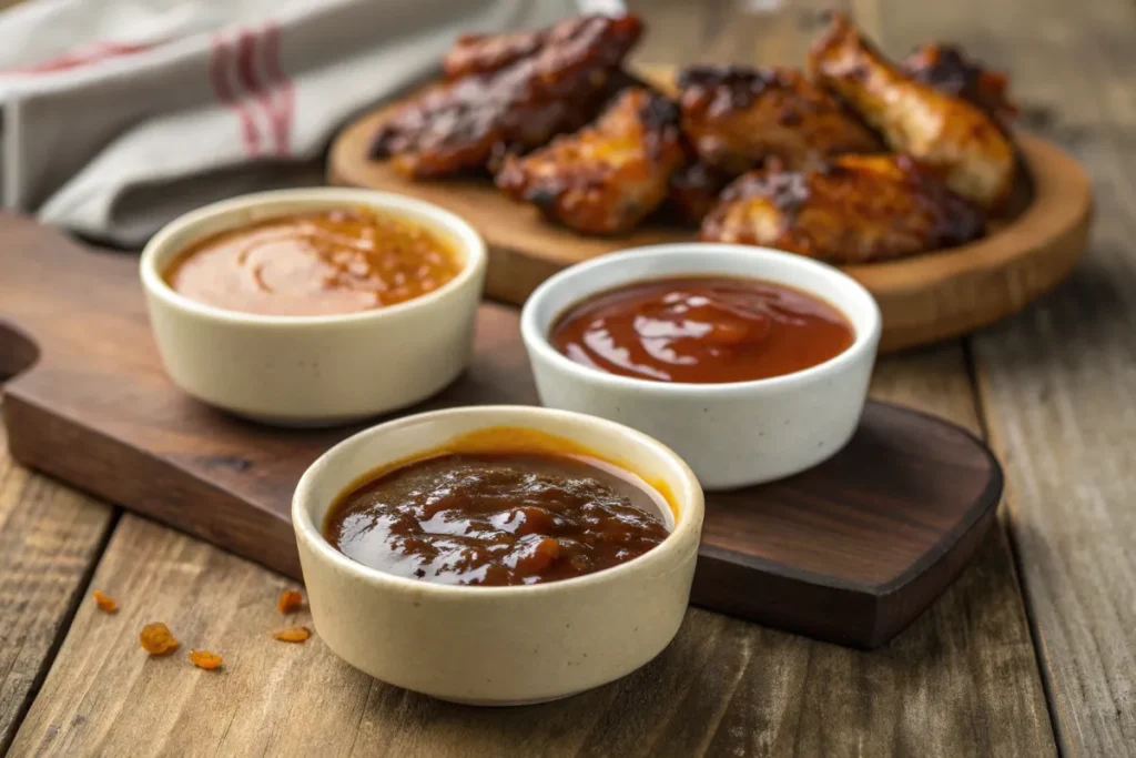 Three BBQ sauces made with honey, maple syrup, and coconut sugar."