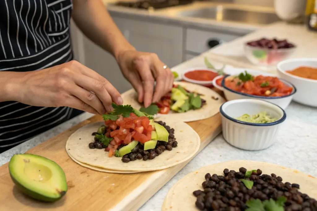 Person assembling a vegetarian taco with fresh ingredients