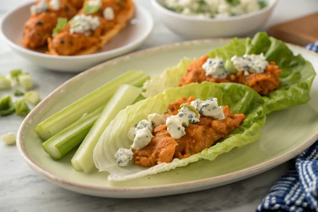 Instant Pot buffalo chicken served in lettuce wraps with blue cheese