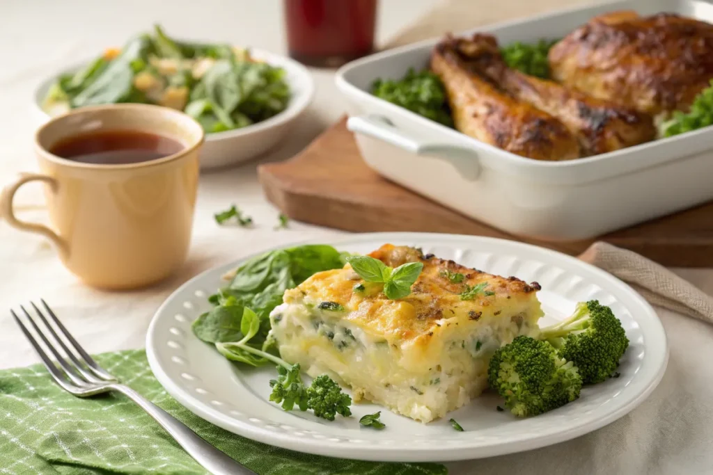 A serving of broccoli potato casserole with salad and chicken.