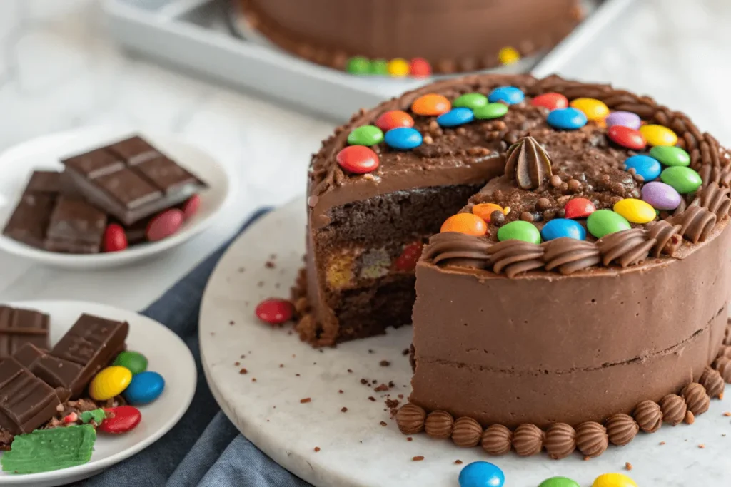 A chocolate smash cake being cracked open with a wooden hammer, revealing candy inside