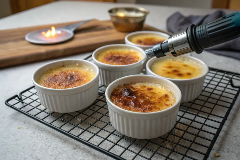 Cooling ramekins of crab brulee recipe before caramelizing