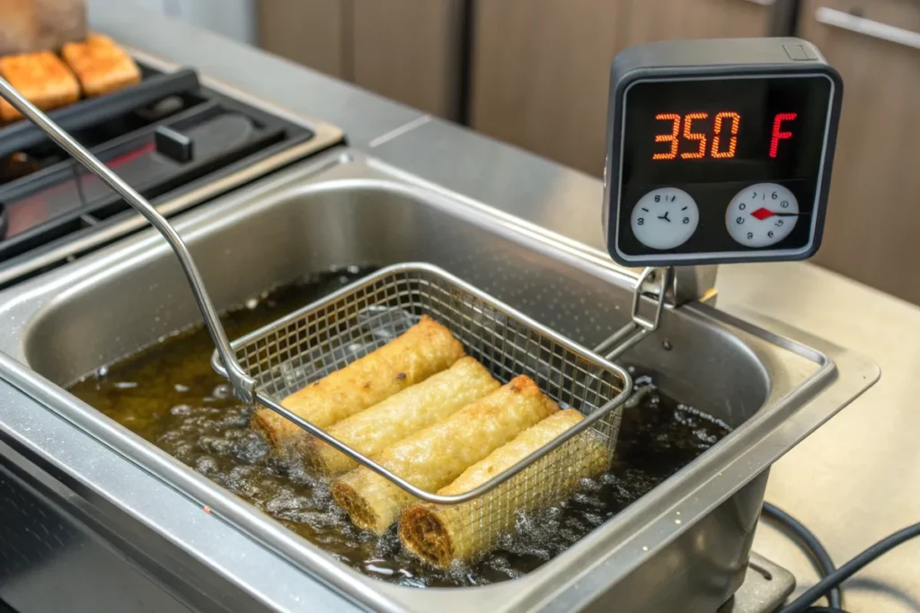 Egg rolls frying in hot oil.