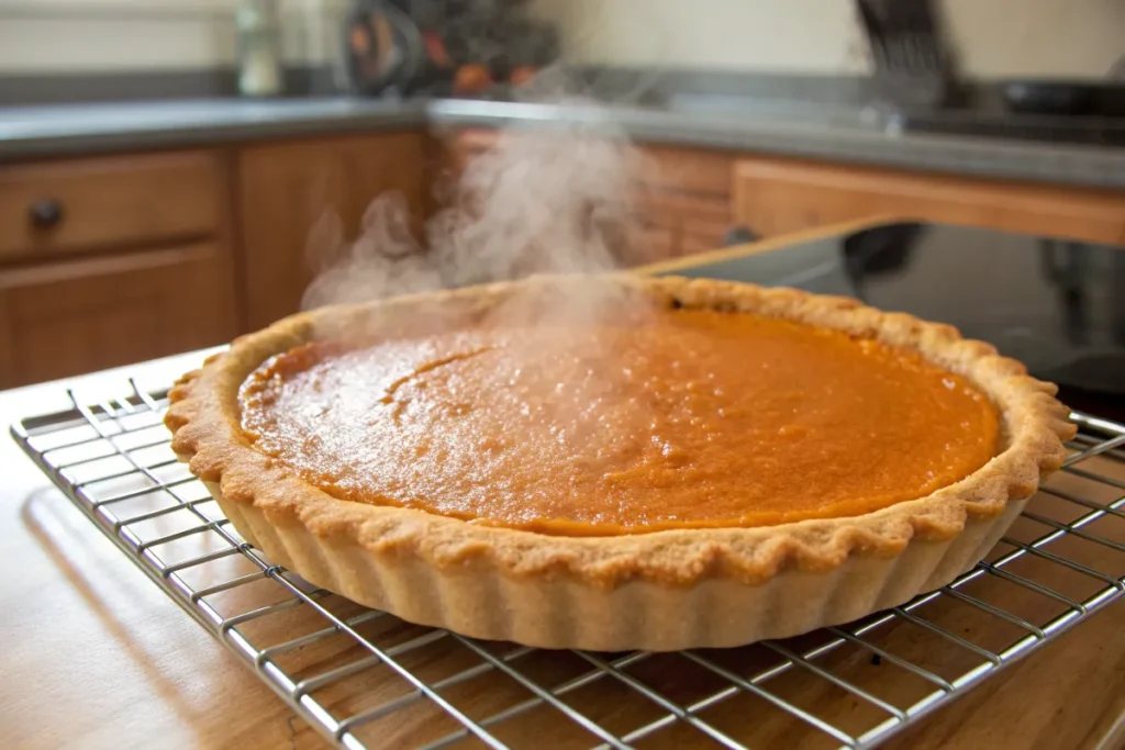 Fully baked Patti LaBelle sweet potato pie cooling on a wire rack.