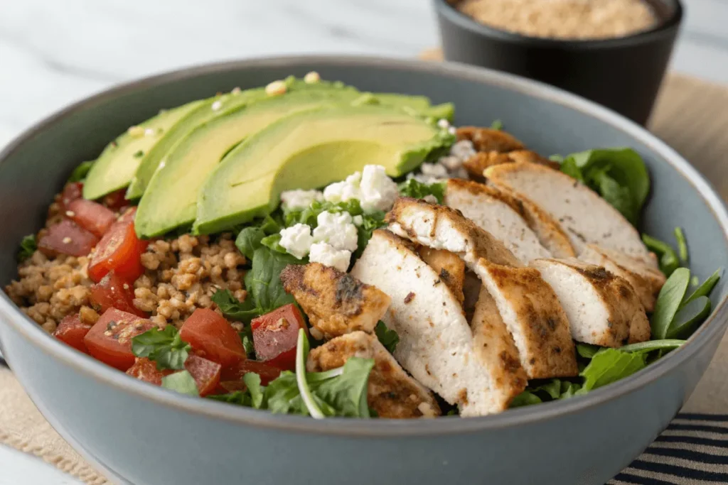 Modern taco salad with grilled chicken, avocado, and quinoa.