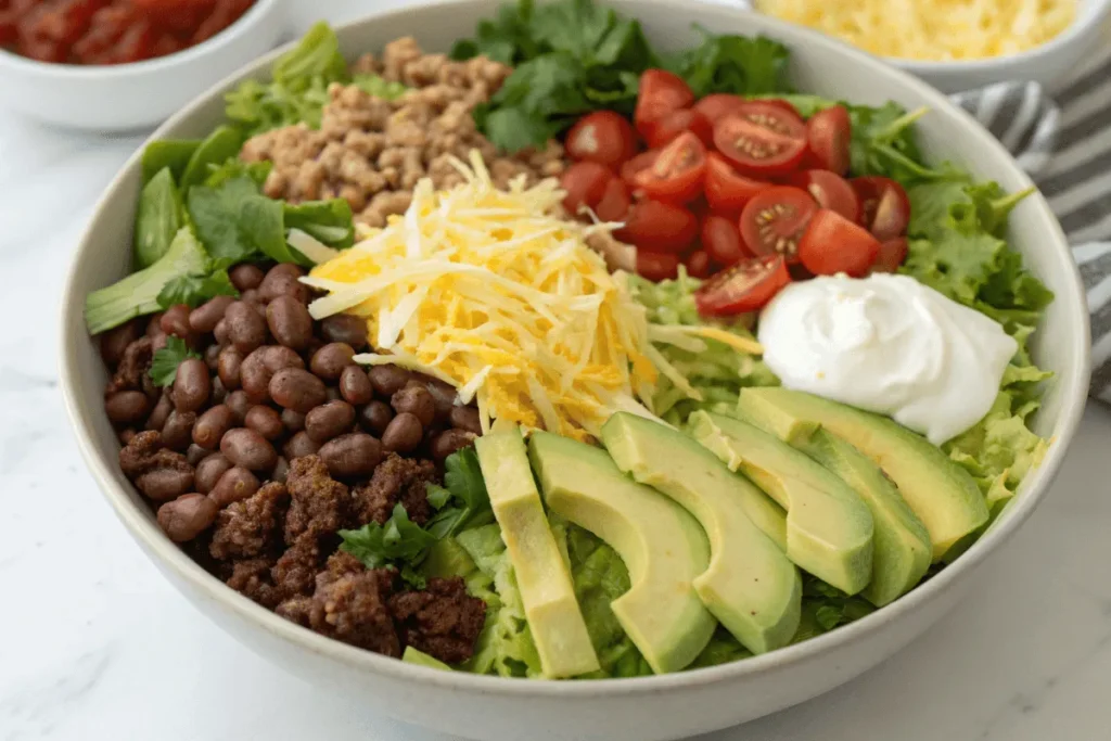 Assembled taco salad bowl with colorful toppings.