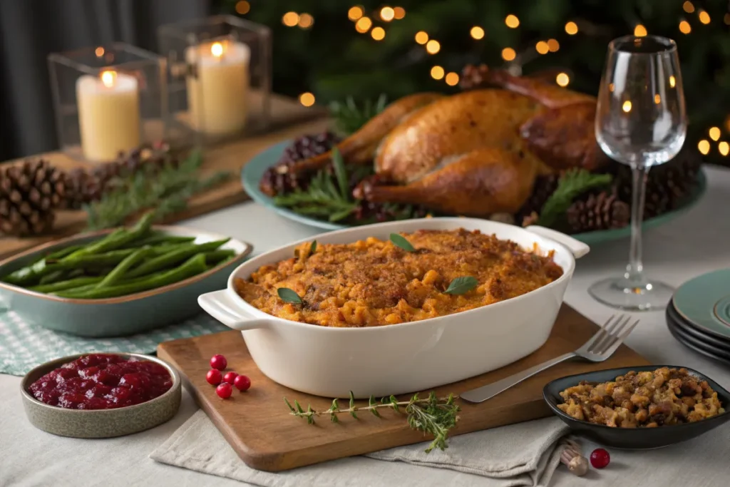 Holiday table with old fashioned sweet potato casserole centerpiece