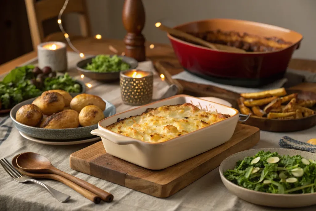 A dinner table spread with a potato bake casserole and side dishes like salad and roasted vegetables