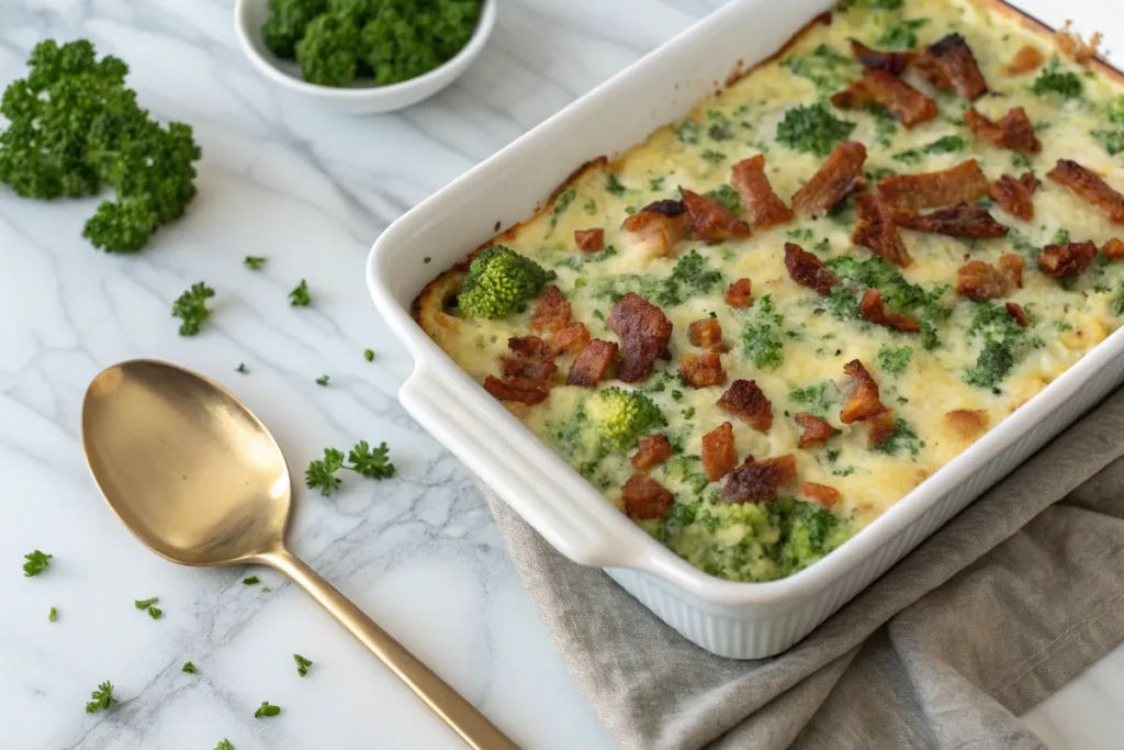 Low-carb broccoli casserole with crispy bacon