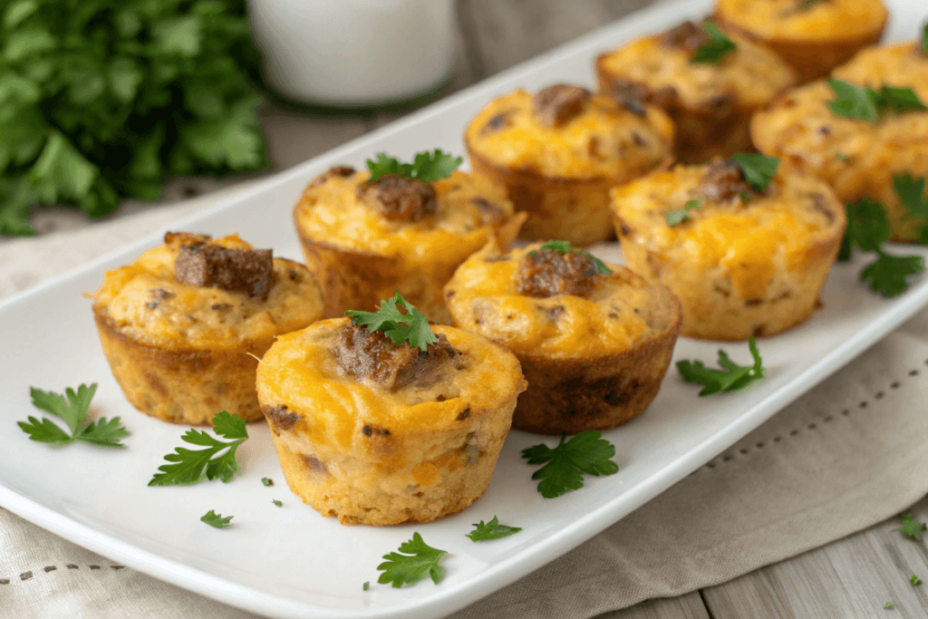 Mini hash brown muffins with sausage and cheese.