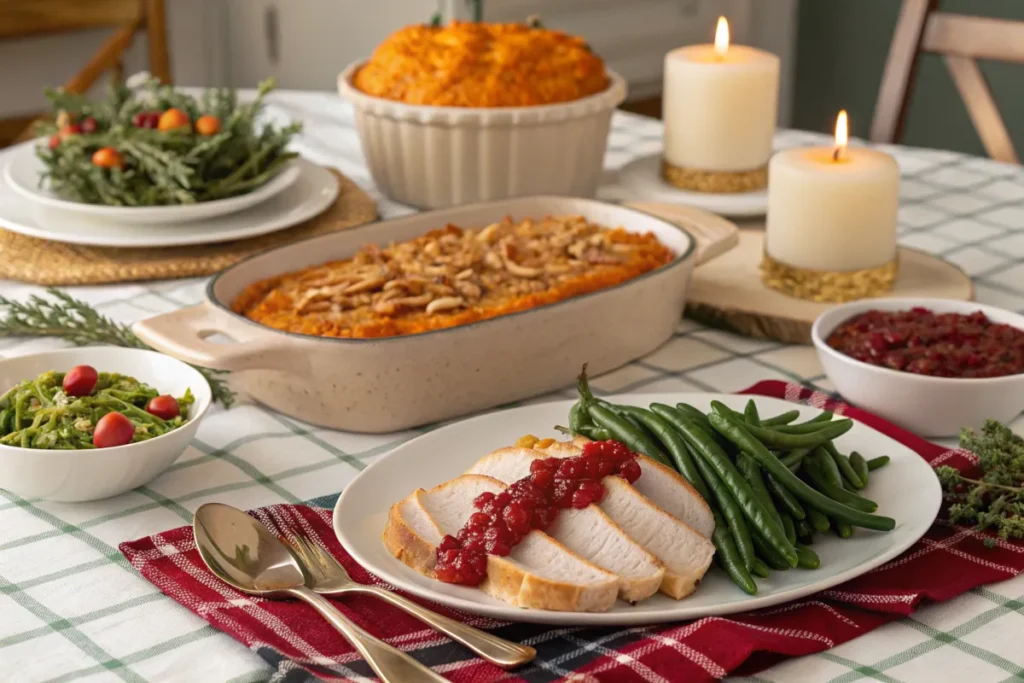 Paula Deen sweet potato casserole served at a festive holiday dinner.