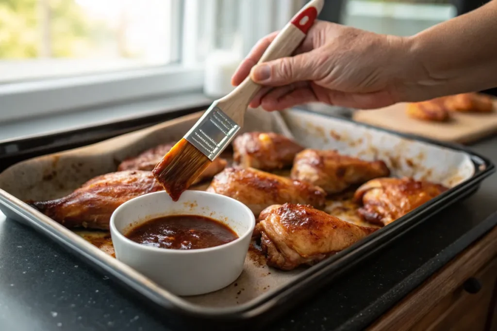 Brushing barbecue sauce onto chicken in a baking tray"