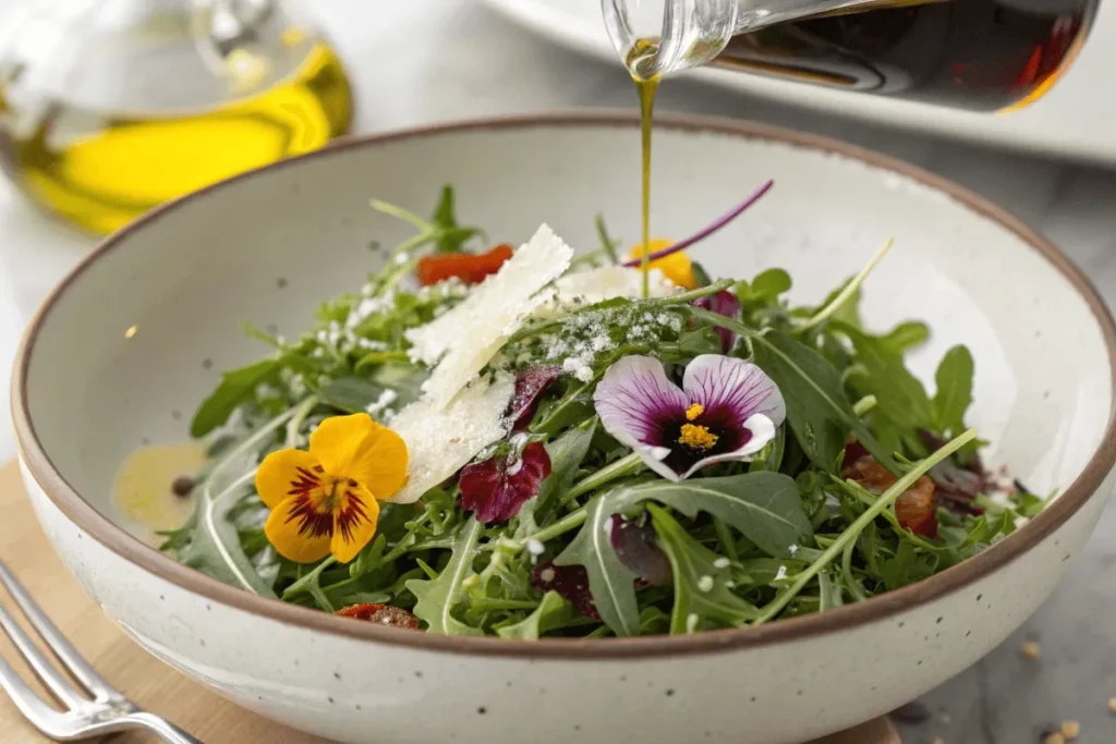 Modern gourmet salad with truffle oil dressing.