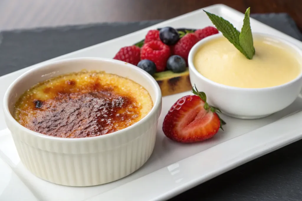 Comparison of crème brûlée and custard plated side by side