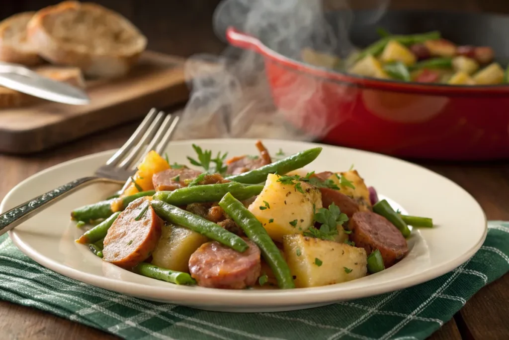 A plated serving of sausage green bean potato casserole