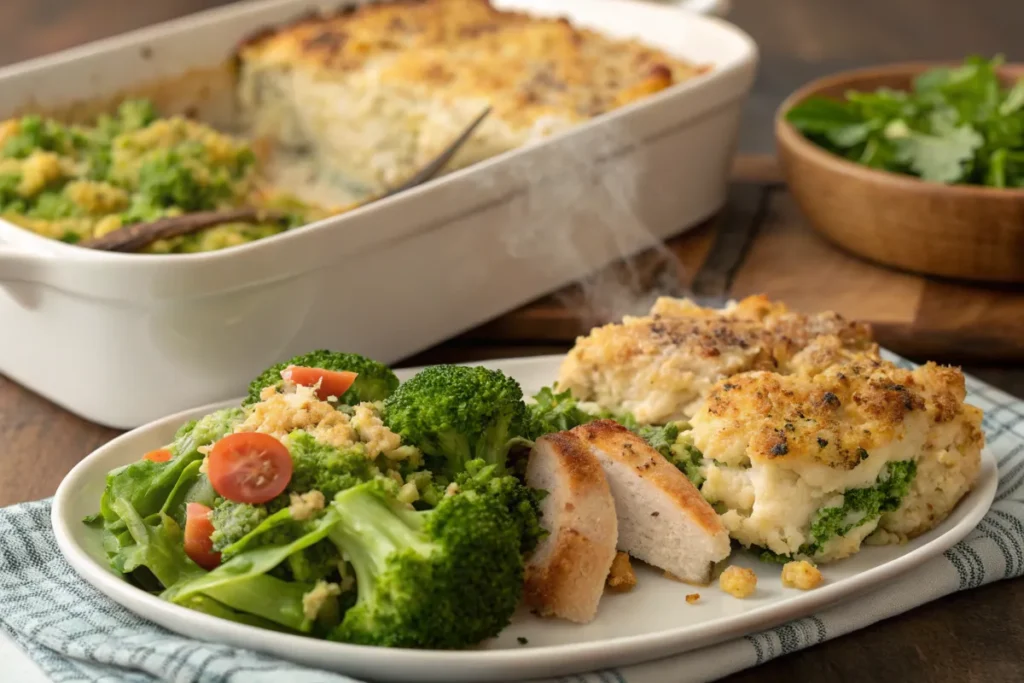 Broccoli casserole served with chicken and salad.