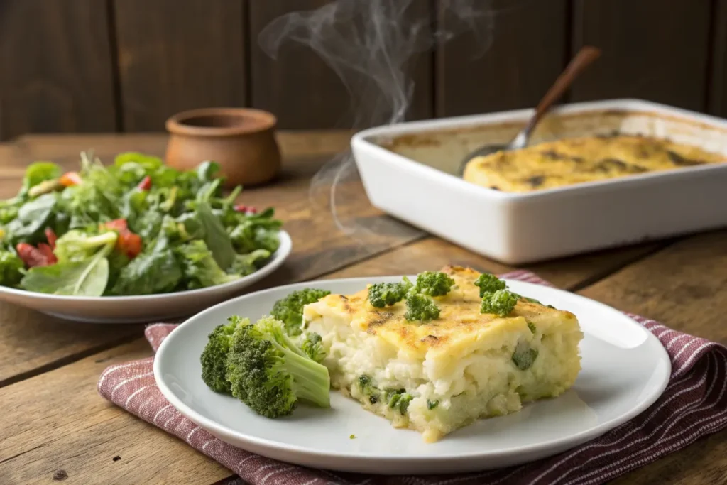 Potato and broccoli casserole served with a side salad