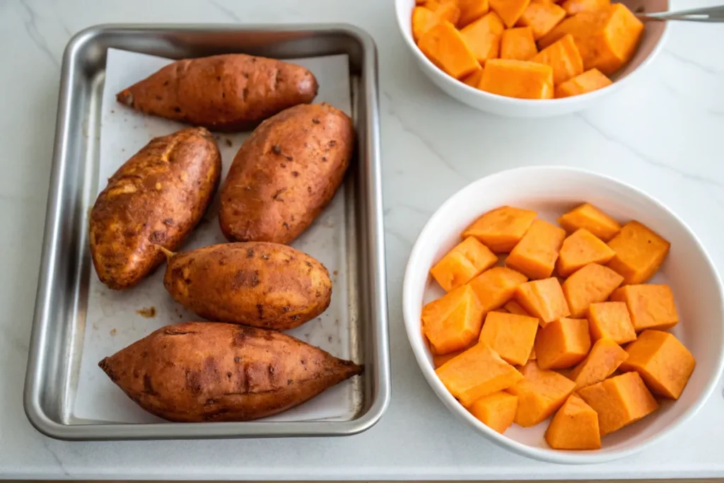 Baked and boiled sweet potatoes side by side for comparison.