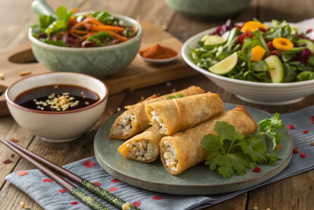 Chicken egg rolls served with a side salad and low-sodium soy sauce