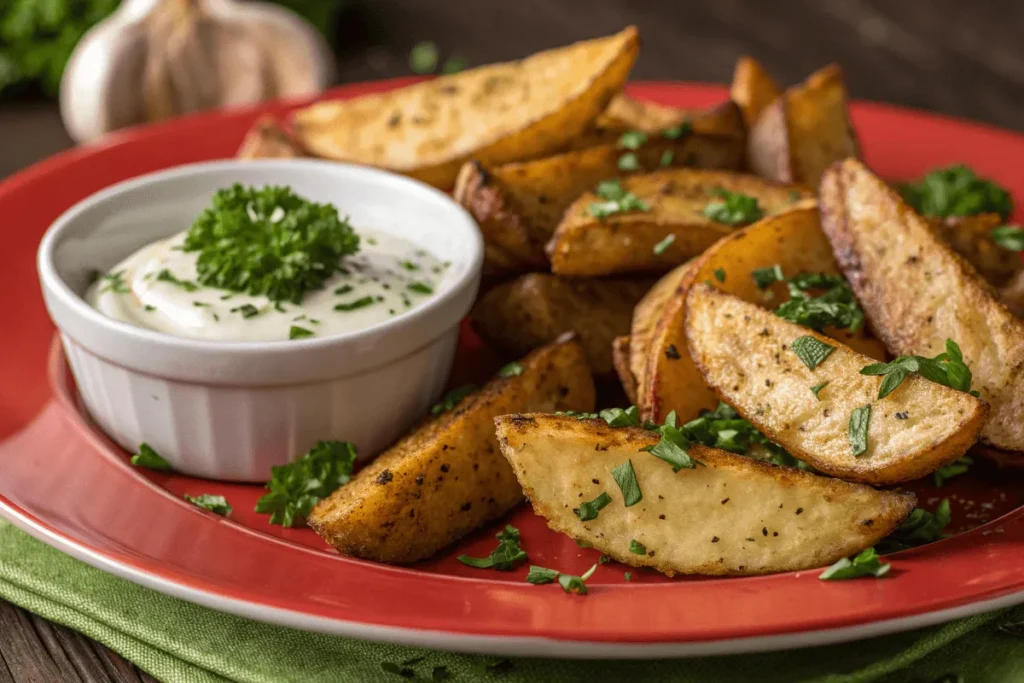 Herb-infused baked potato wedges with garlic dip and parsley garnish