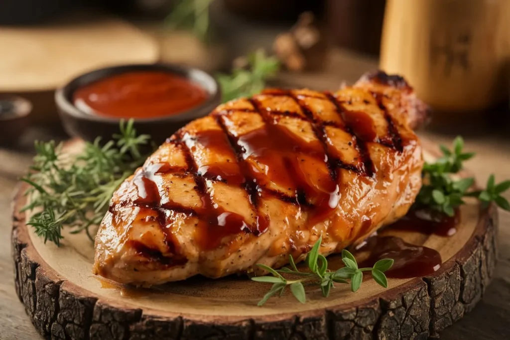 Grilled chicken breast with brown sugar BBQ sauce.