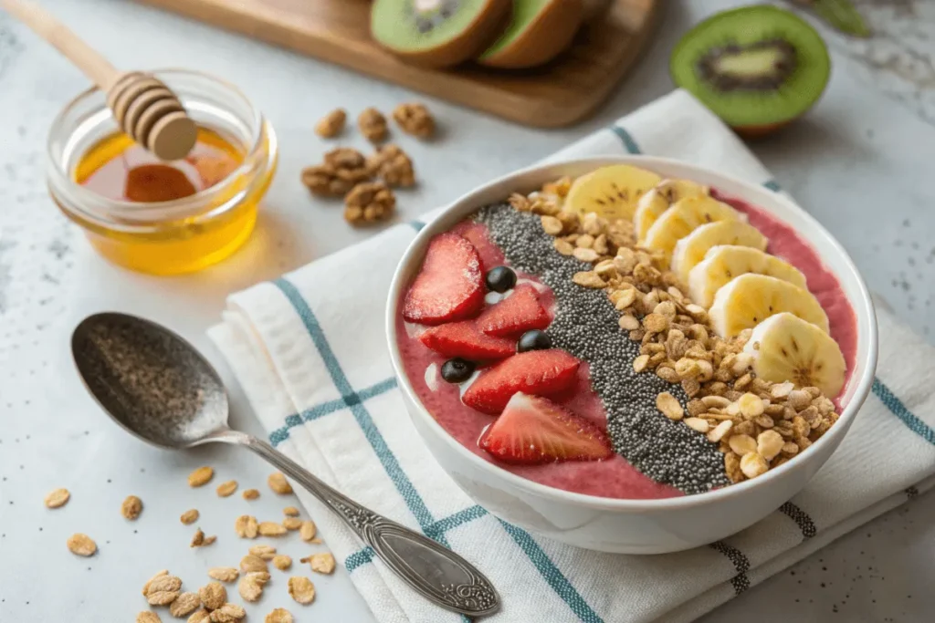 Bahama Mama Tropical Smoothie Bowl with fresh fruit toppings