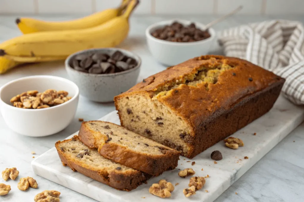 Banana bread loaf with nuts and chocolate chips displayed as optional add-ins