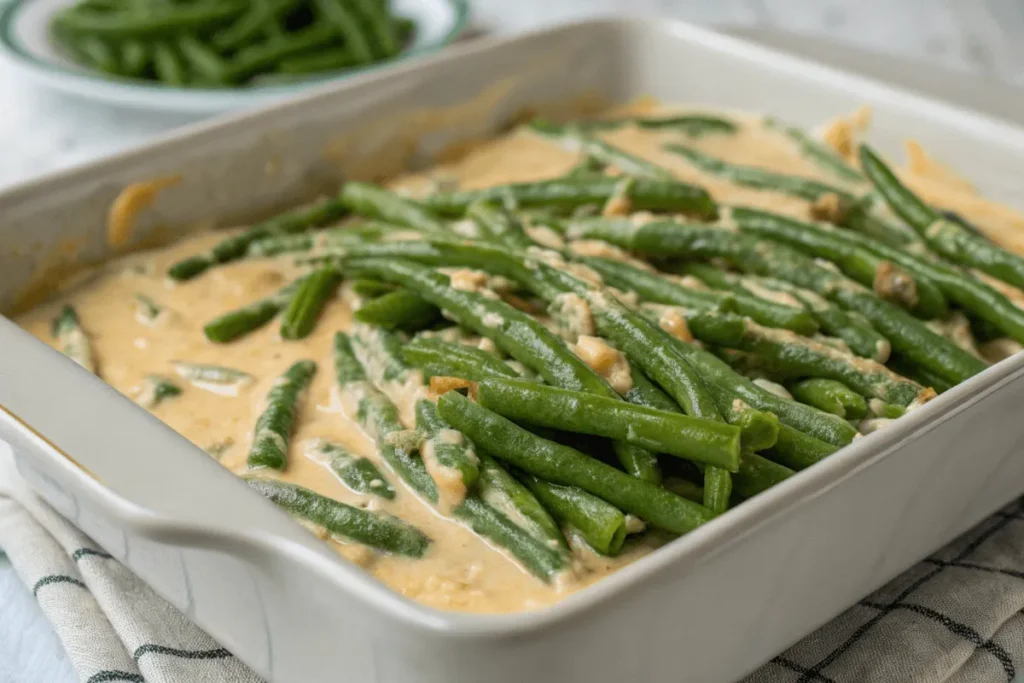 Partially assembled green bean casserole with creamy sauce and fresh beans