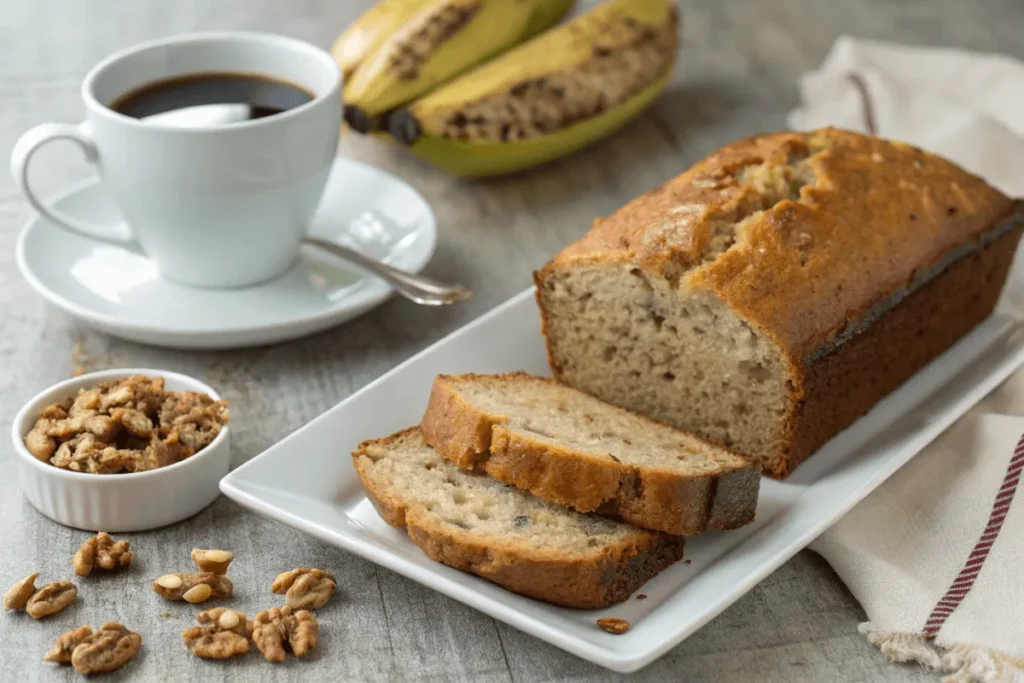 Banana bread slice served with coffee and chopped walnuts on a plate