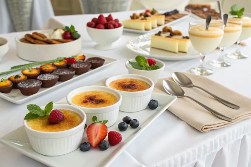 Variety of crème brûlées with different flavors and garnishes.