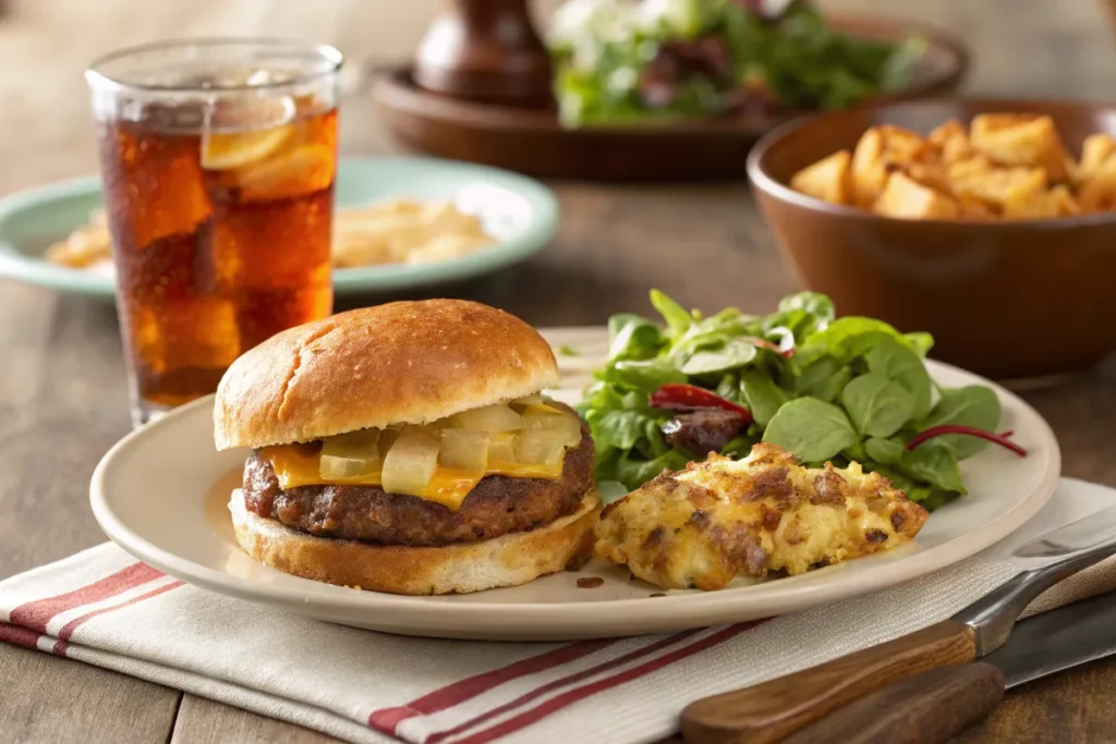 Plated serving of hamburger and hash brown potato casserole with salad