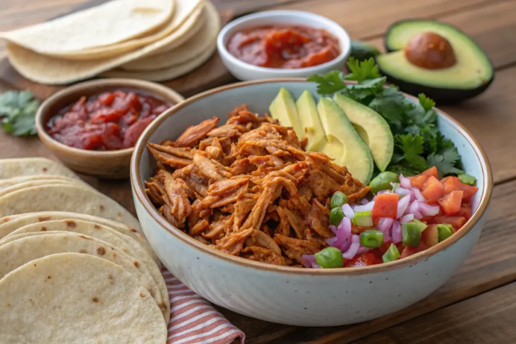 Shredded chicken in barbecue sauce ready for tacos