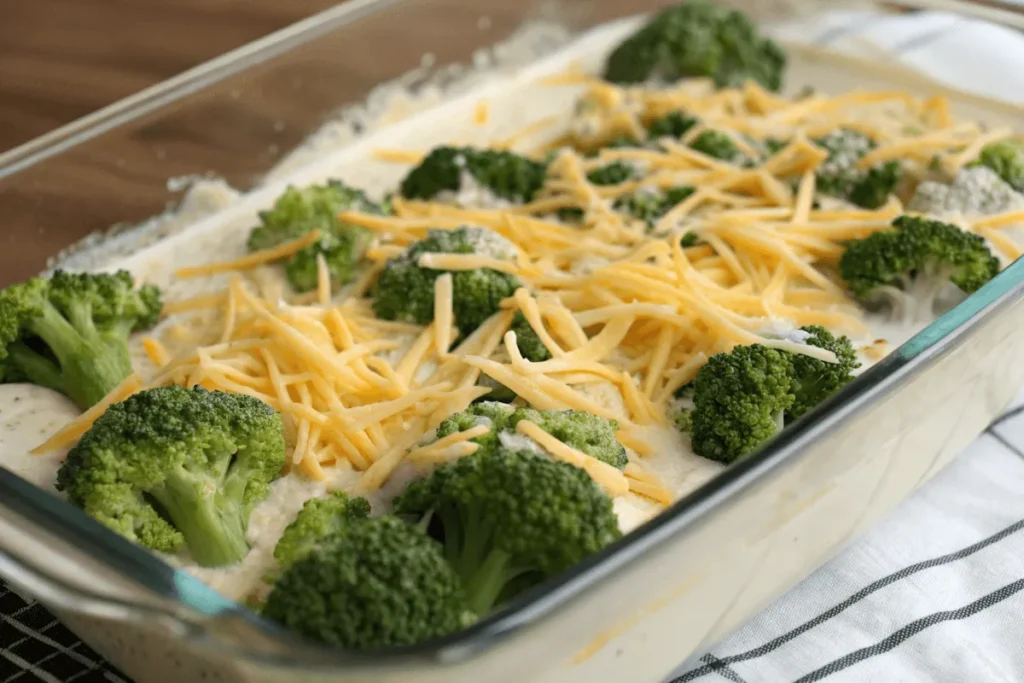 Fresh broccoli layered in a casserole dish with creamy sauce and cheese.