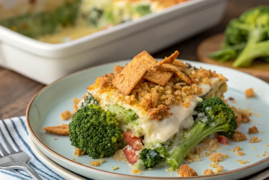 A serving of Paula Deen’s broccoli casserole with vibrant layers.