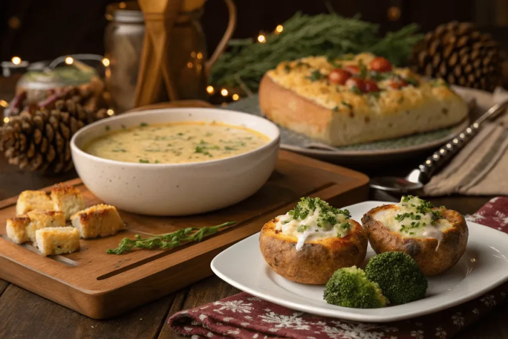 Cheesy garlic bread, broccoli soup, and twice-baked potatoes