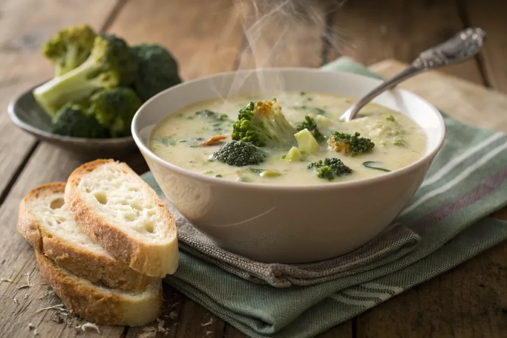 Creamy broccoli and potato soup with crusty bread.