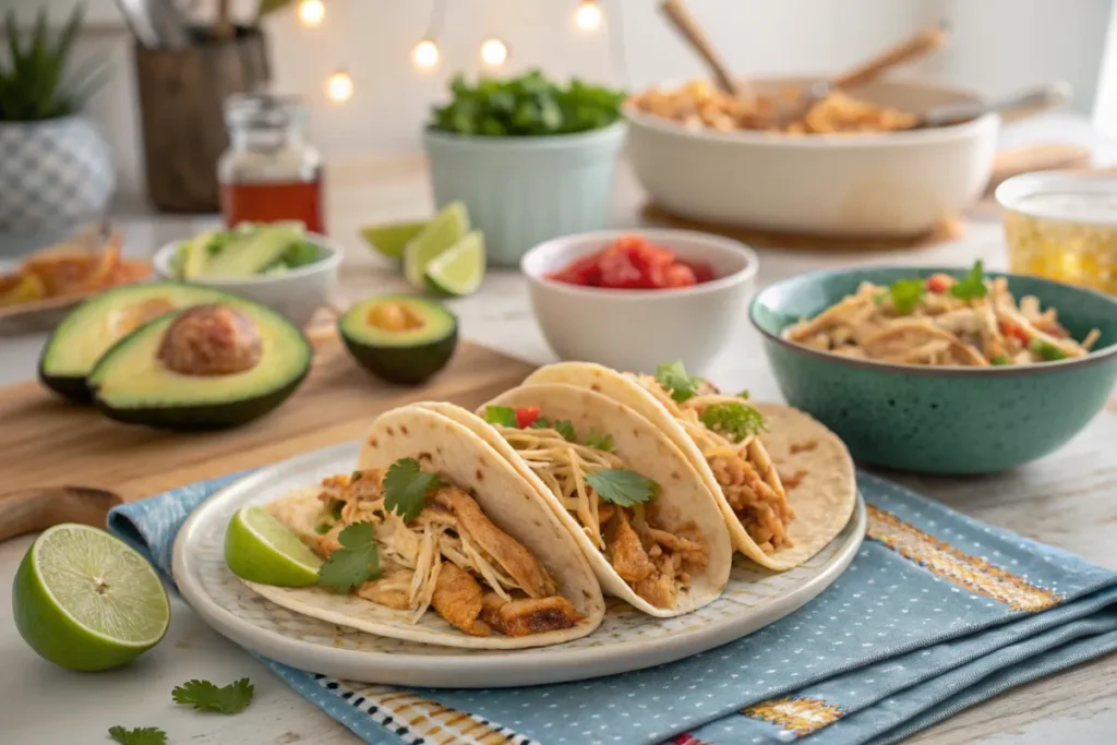 Shredded chicken tacos with colorful garnishes.