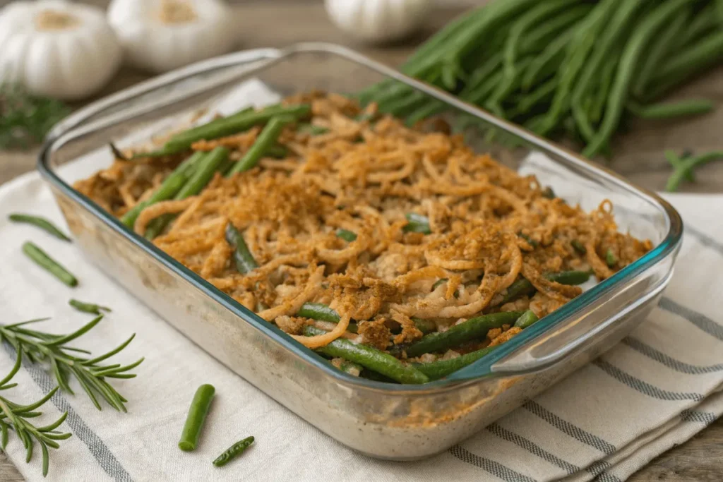 Green bean casserole with a golden crispy onion topping.