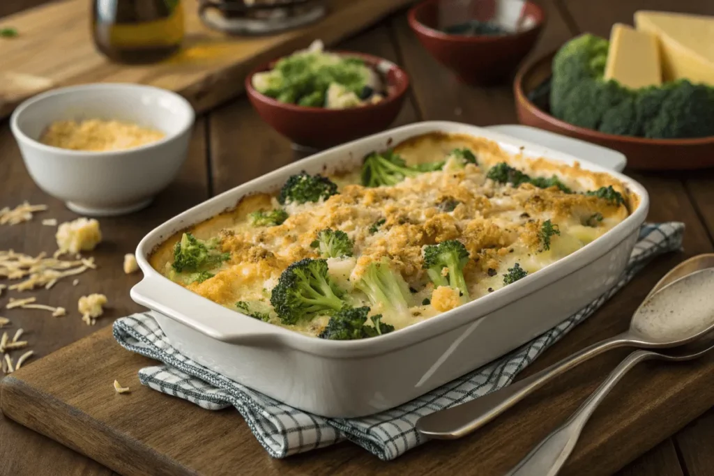 Golden broccoli casserole with a cheesy breadcrumb topping.