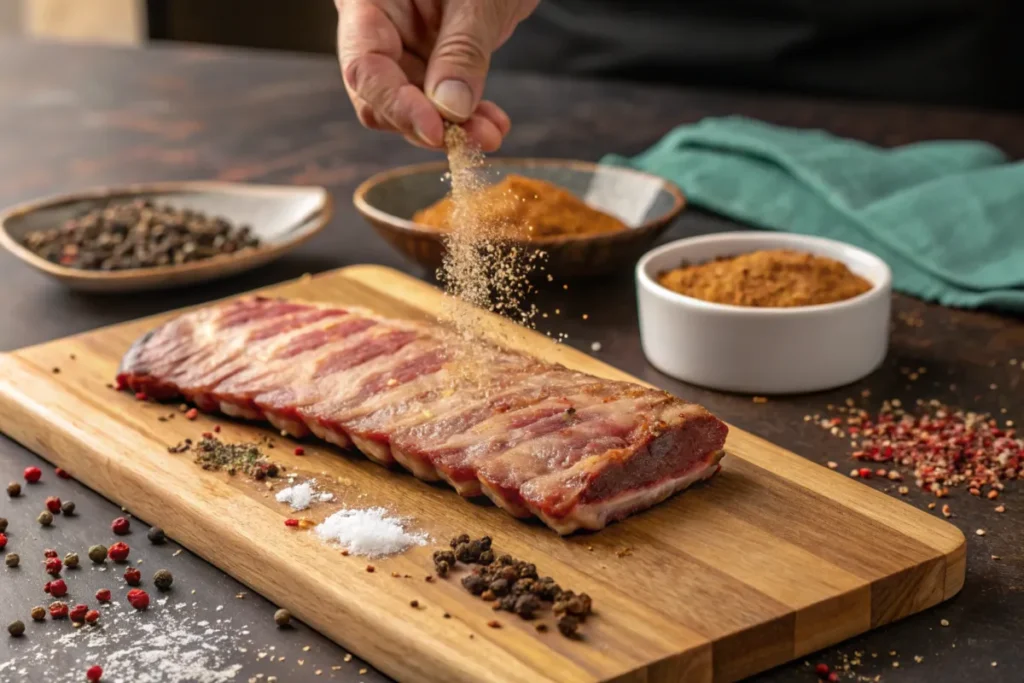 Sprinkling brown sugar on ribs for smoking