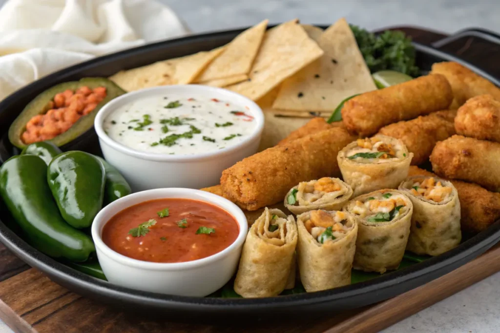 Party platter with buffalo egg rolls, mozzarella sticks, and jalapeño poppers