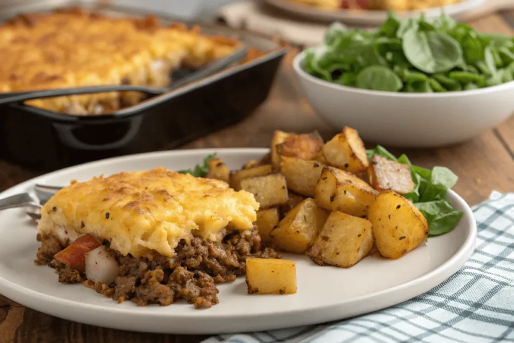 Plated hamburger casserole with hash brown potatoes served with salad.