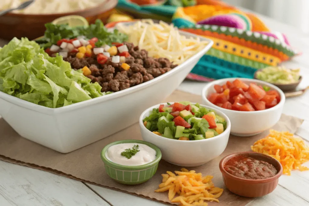 Taco salad bar setup with fresh ingredients.