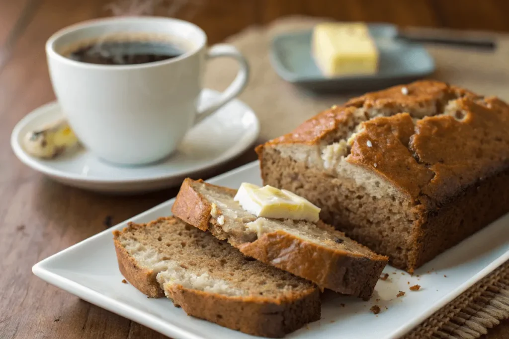 Sliced 4-ingredient banana bread with butter and a mug of coffee