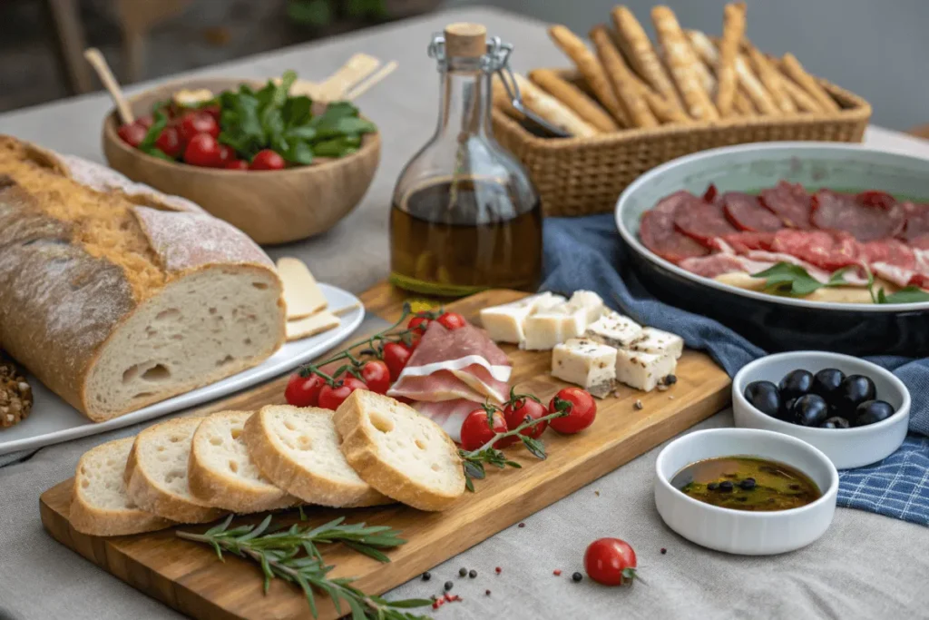 Italian dinner table with Pane Toscano, Grissini, and Pane Siciliano, famous breads in Italy