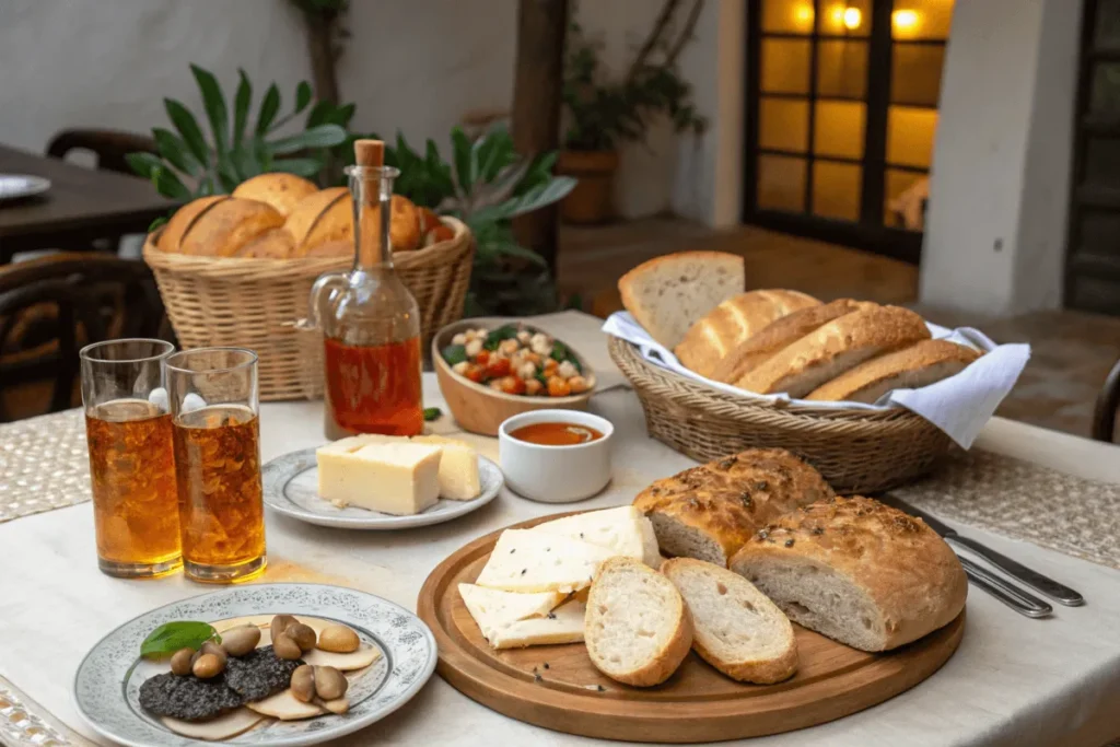 talian dinner table with artisan bread, olive oil, and wine