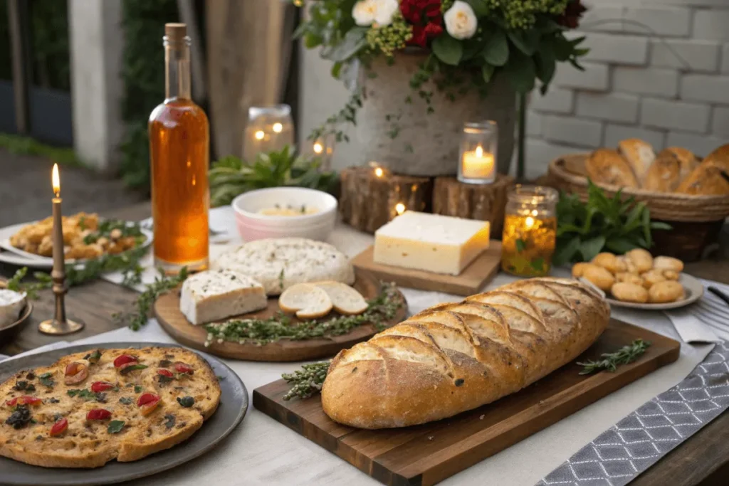 Italian dinner table with artisan bread and wine