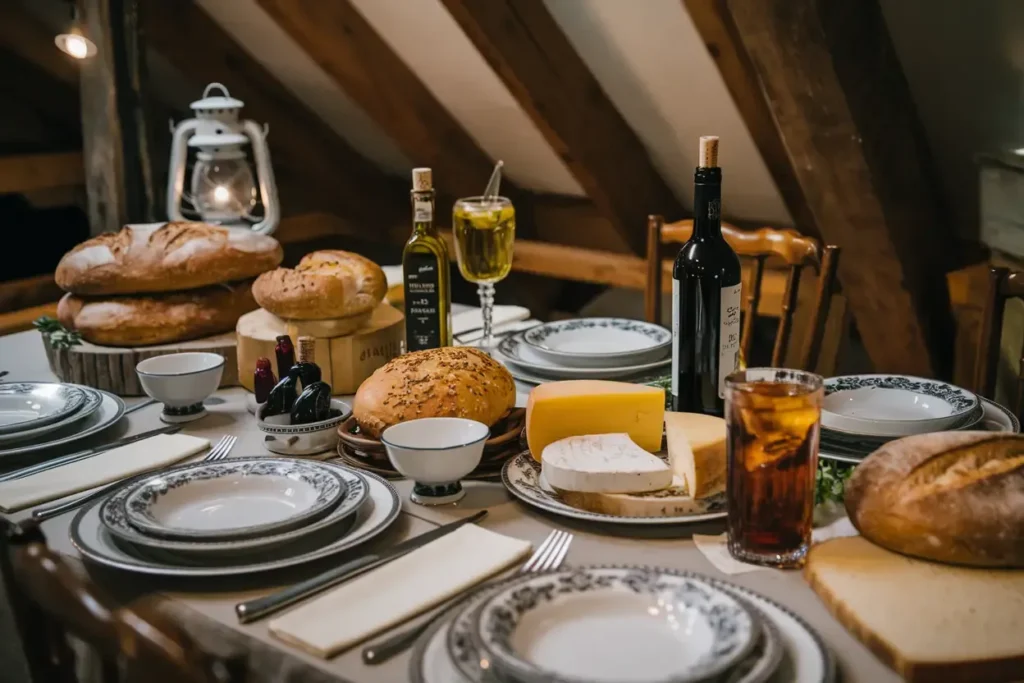 Italian dinner table with artisan bread and olive oil